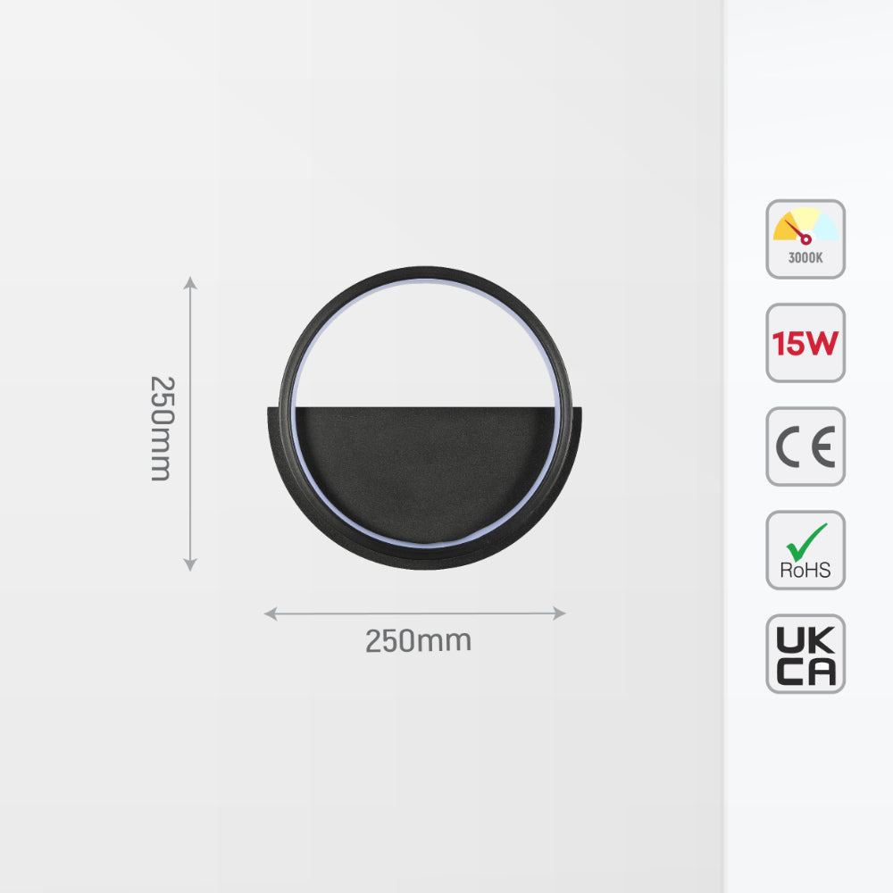 Luz de pared circular LED negra, ideal para espacios modernos como pasillos o salones, combinando estilo y funcionalidad.