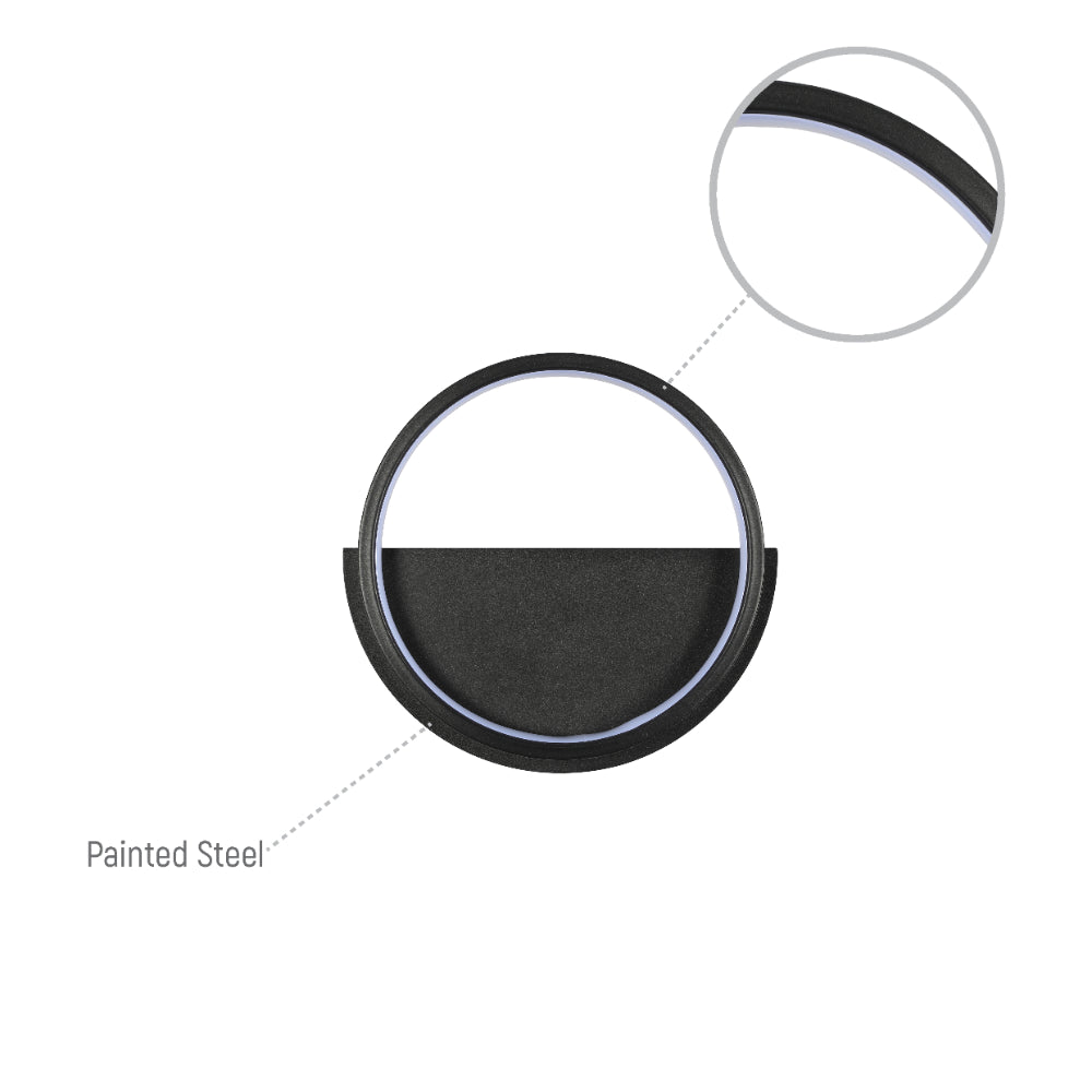 Luz de pared LED redonda negra, ideal para baños modernos, con iluminación cálida de 3000K y diseño elegante.