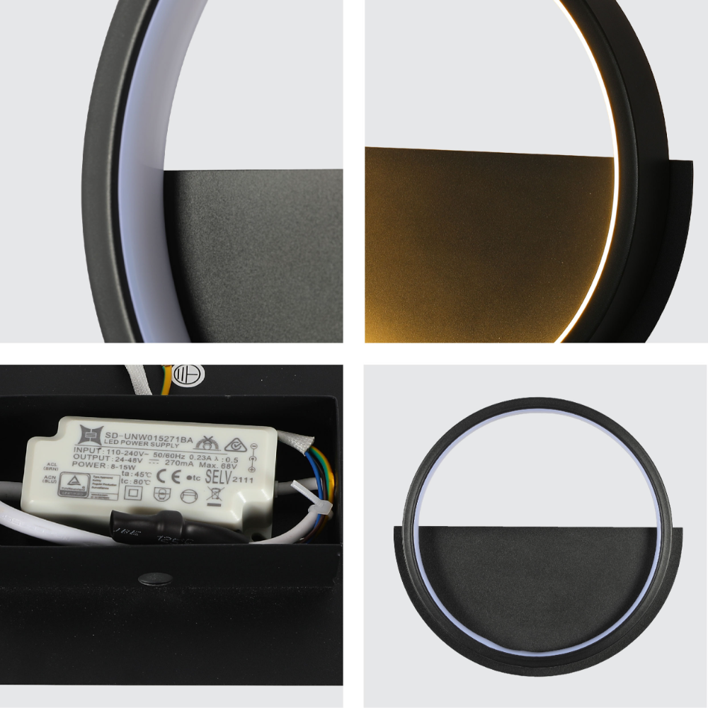 Luz de pared LED redonda negra, ideal para dormitorios modernos, con iluminación cálida de 3000K y diseño minimalista.