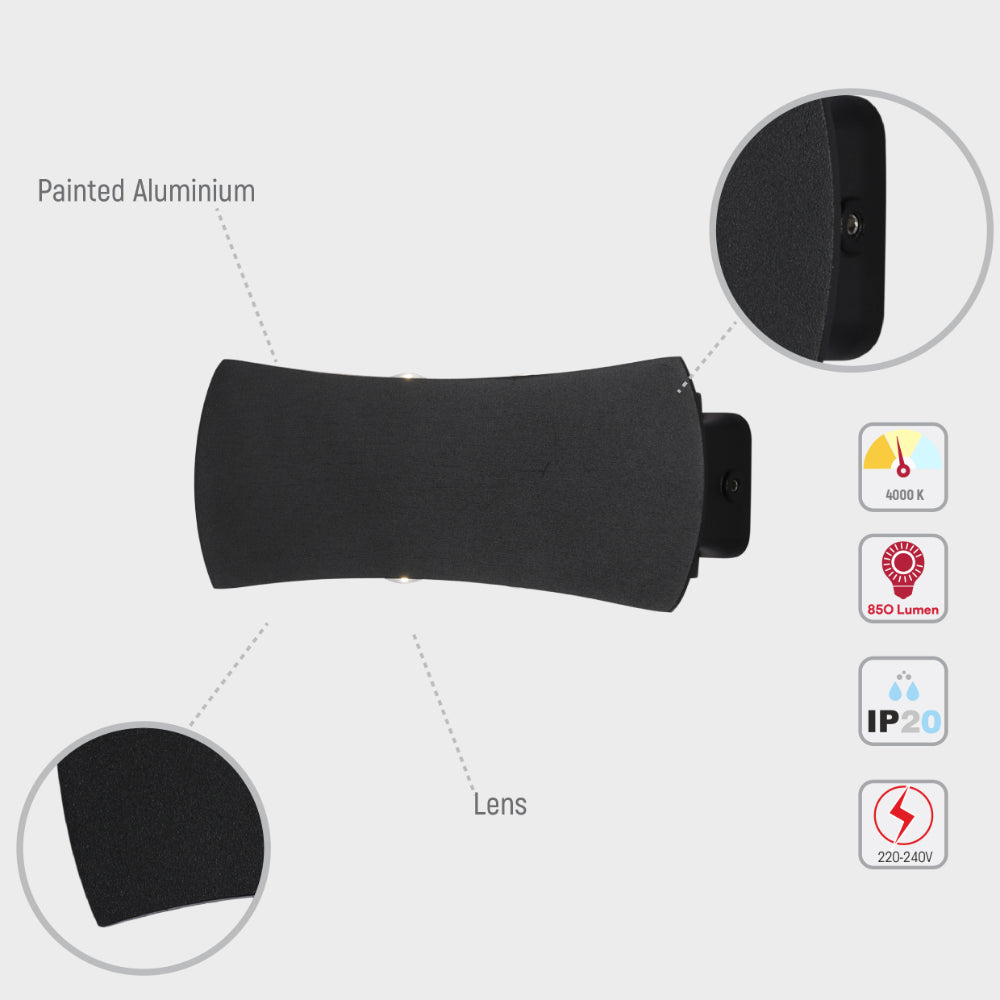 Luz de pared exterior LED moderna, ideal para patios contemporáneos, con diseño negro y funcionalidad de luz arriba y abajo.