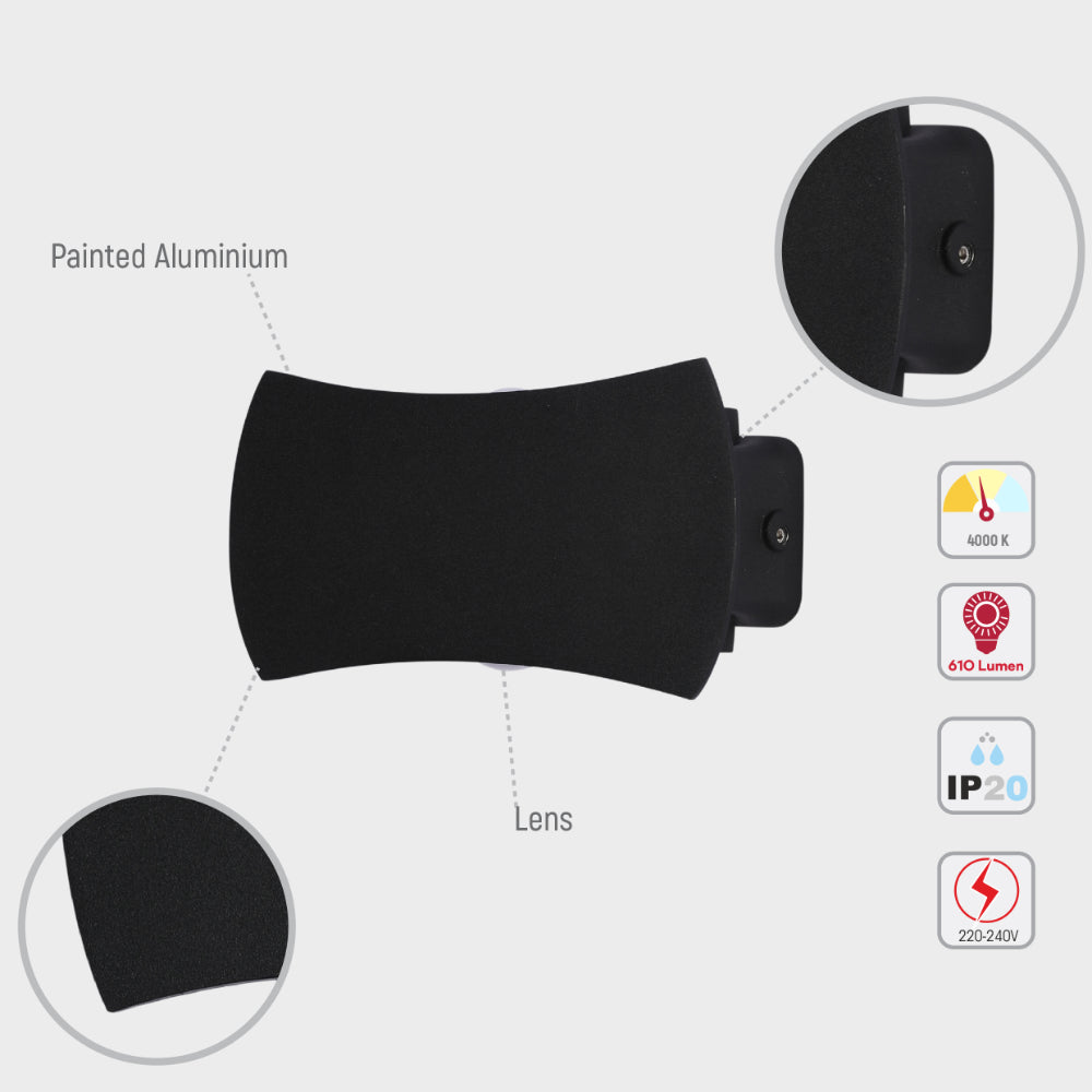 Luz de pared LED moderna de exterior en acabado negro, ideal para patios o jardines con estilo contemporáneo.