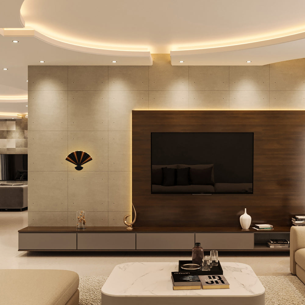 Luz de pared LED moderna con ventilador plegable, ideal para salas contemporáneas y espacios multifuncionales.