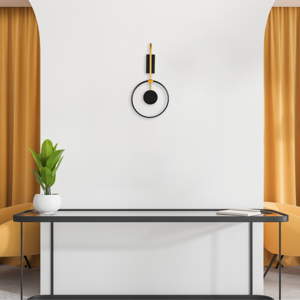 Luz de pared LED Orbital dual en negro y dorado, ideal para salas modernas con estilo contemporáneo y diferentes temperaturas de color.
