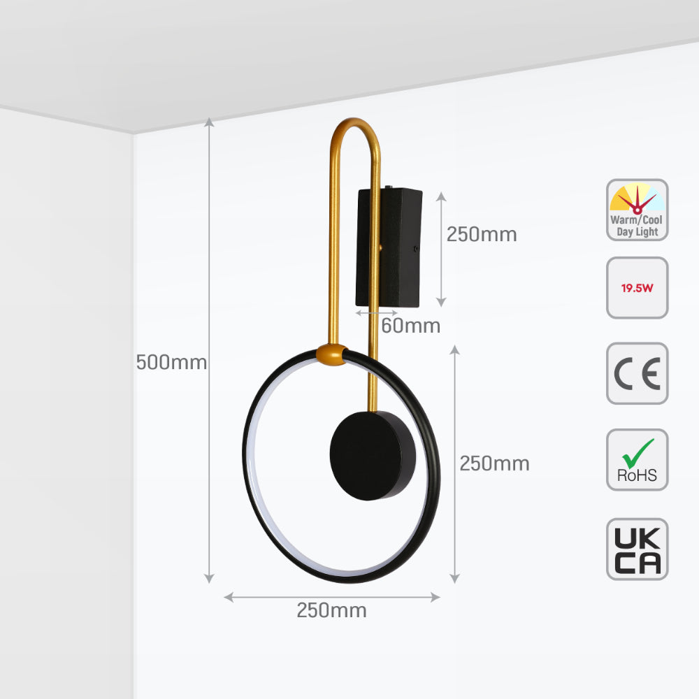 Luz de pared LED orbital dual en negro y dorado, perfecta para salones modernos, destacando detalles elegantes en la decoración.