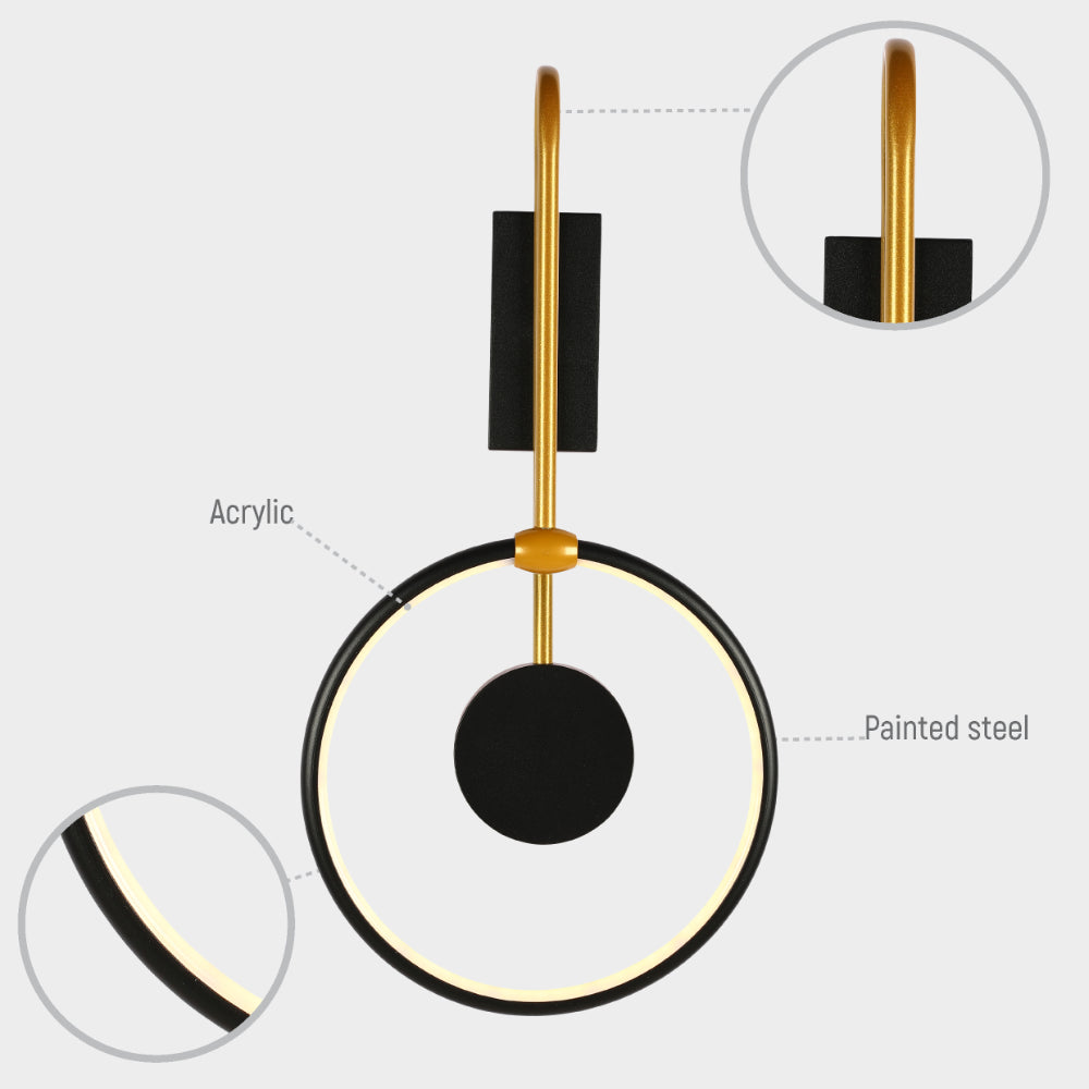 Luz de pared LED dual con diseño orbital negro y dorado, perfecta para salones modernos con estilo contemporáneo.