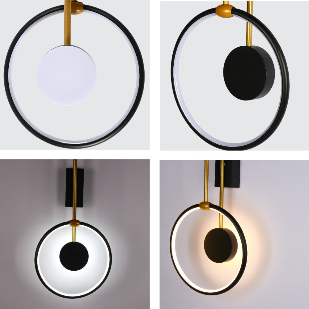 Luz de pared LED orbital negra y dorada ideal para salas modernas, con regulación de temperatura de color para ambientes versátiles.