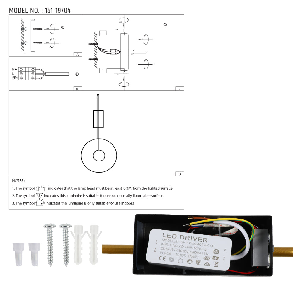 Luz de pared LED orbital negra y dorada, ideal para salones modernos con iluminación en tres temperaturas.