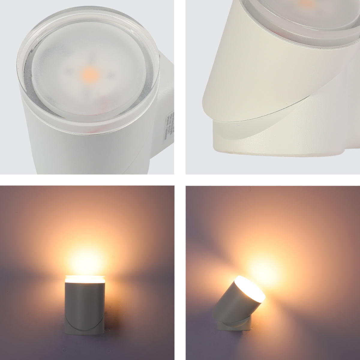 Detalle del aplique de pared LED rotatable, ideal para exteriores, combinando diseño moderno en espacios al aire libre.