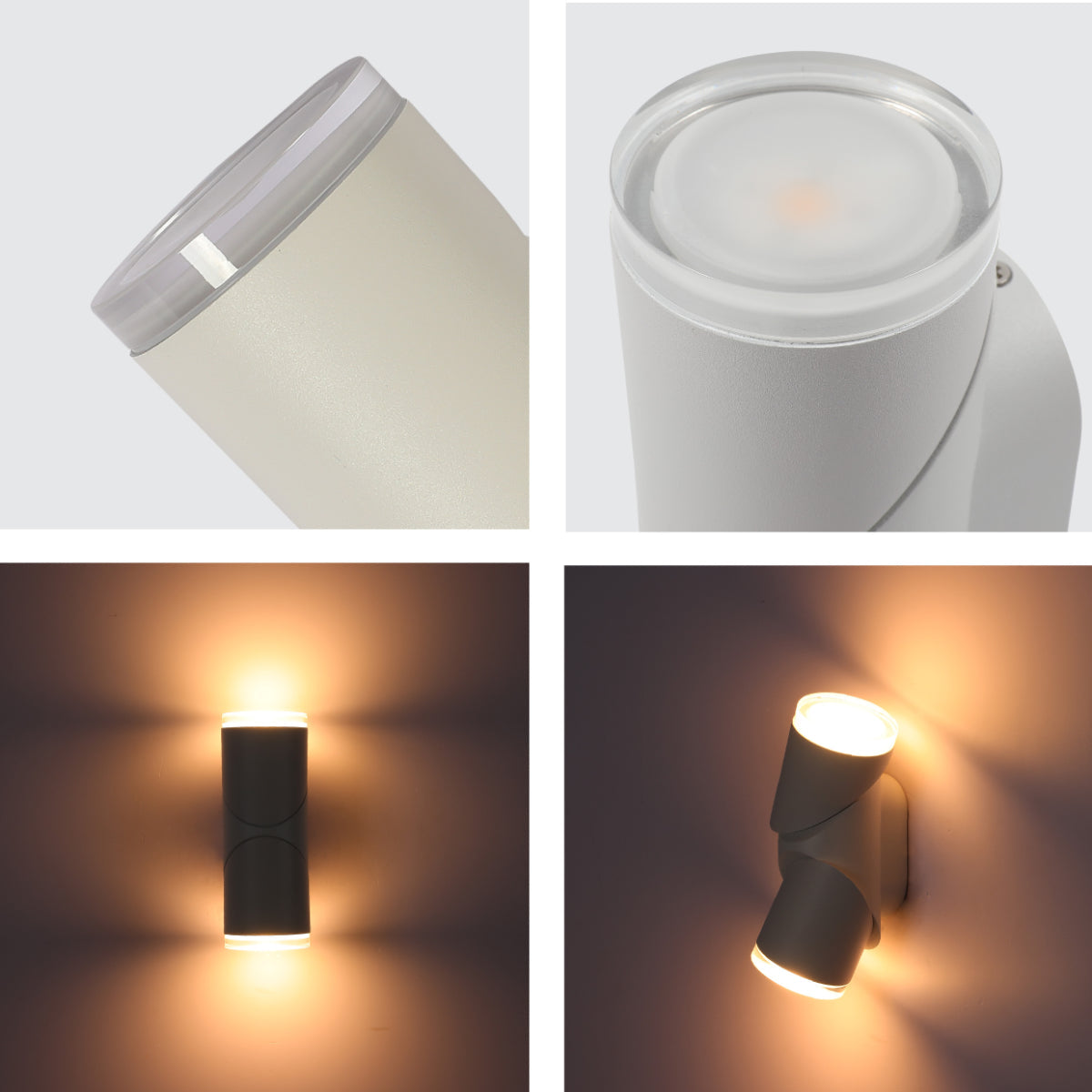 Detalle de la lámpara LED de pared exterior con cilindros rotativos, ideal para espacios exteriores modernos.