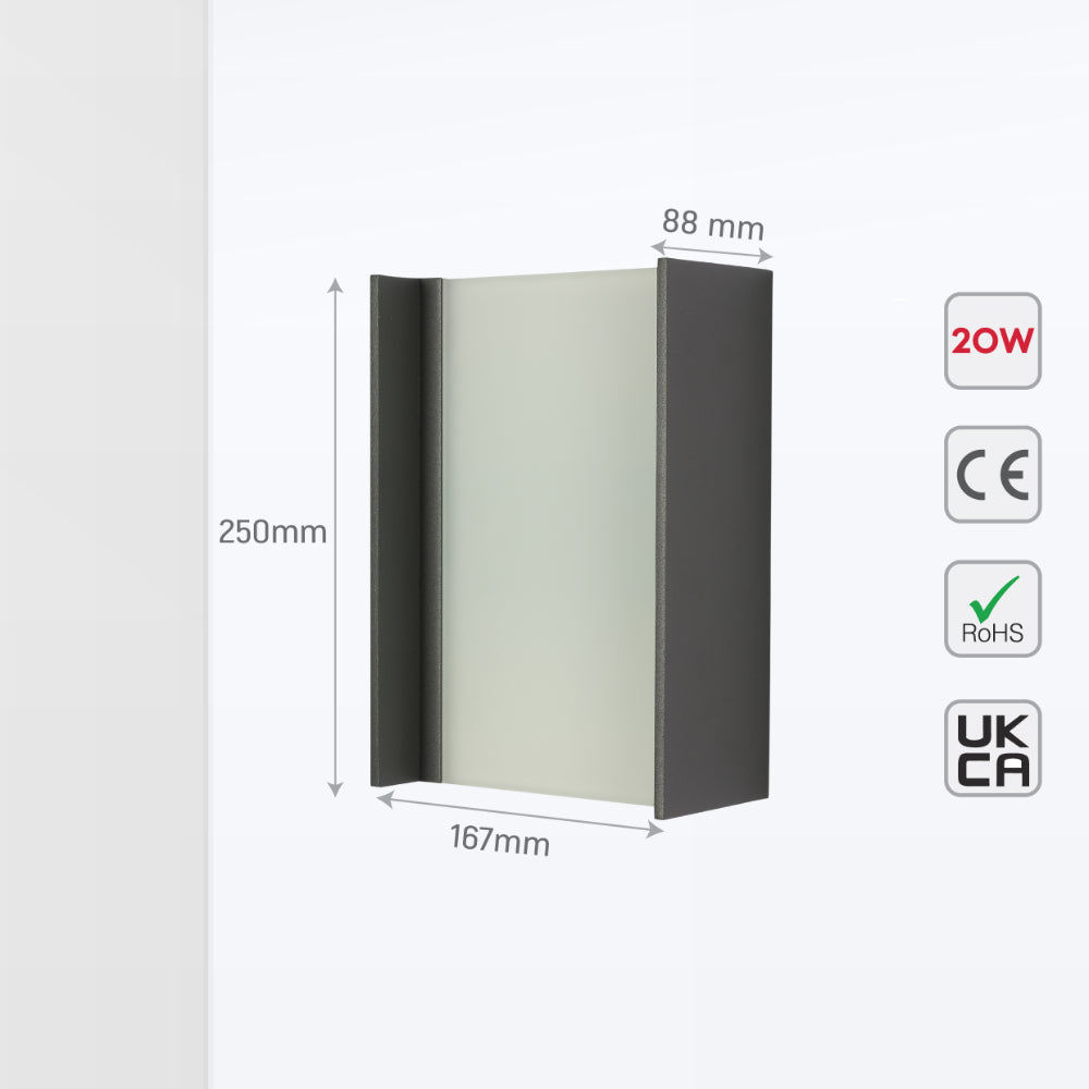 Luz LED de pared exterior de 20W, perfecta para entradas y fachadas, con diseño moderno y acabado elegante.