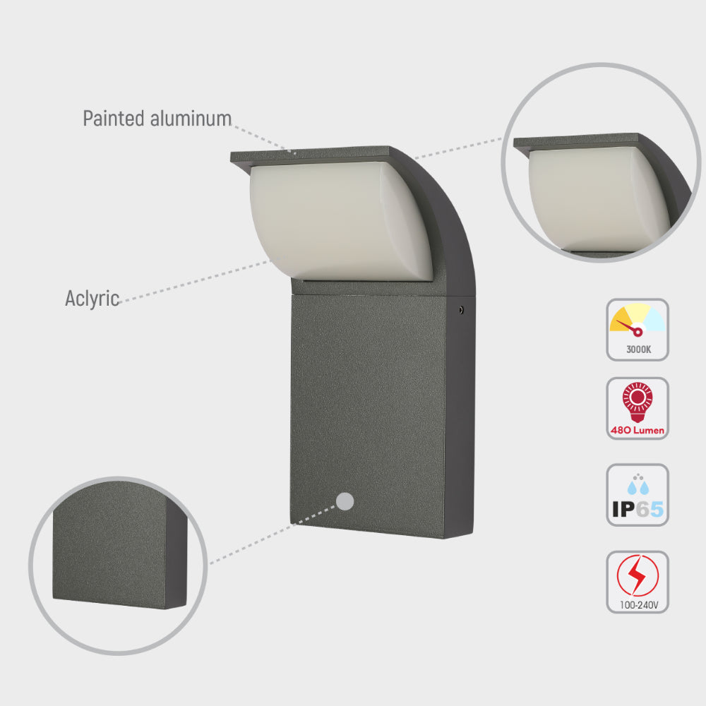 Luz de pared LED de exterior, ideal para jardines modernos, con diseño minimalista y ángulo de iluminación ajustable para ambientes contemporáneos.