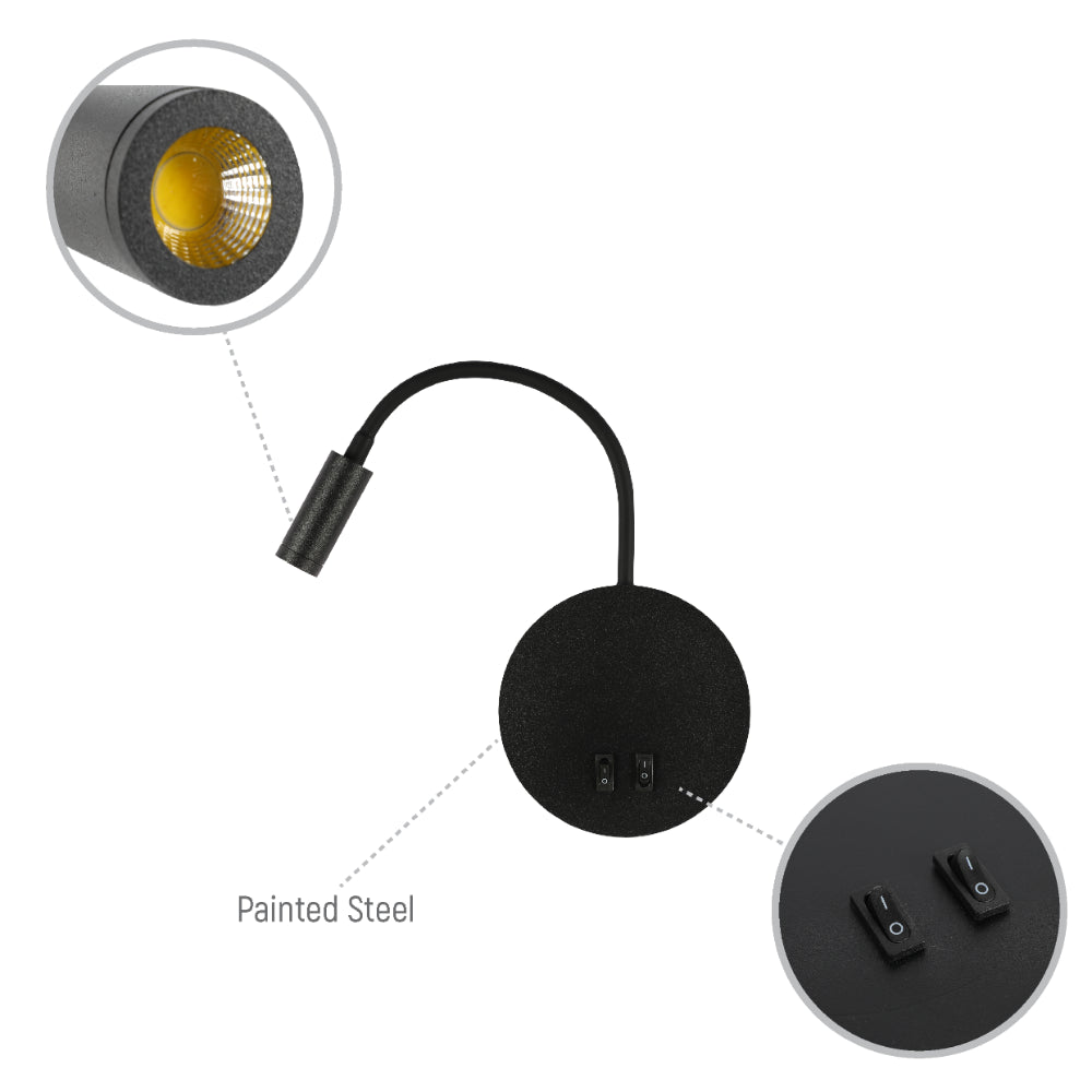 Luz de pared LED con brazo flexible, ideal para espacios de lectura en dormitorios modernos y decoraciones minimalistas.