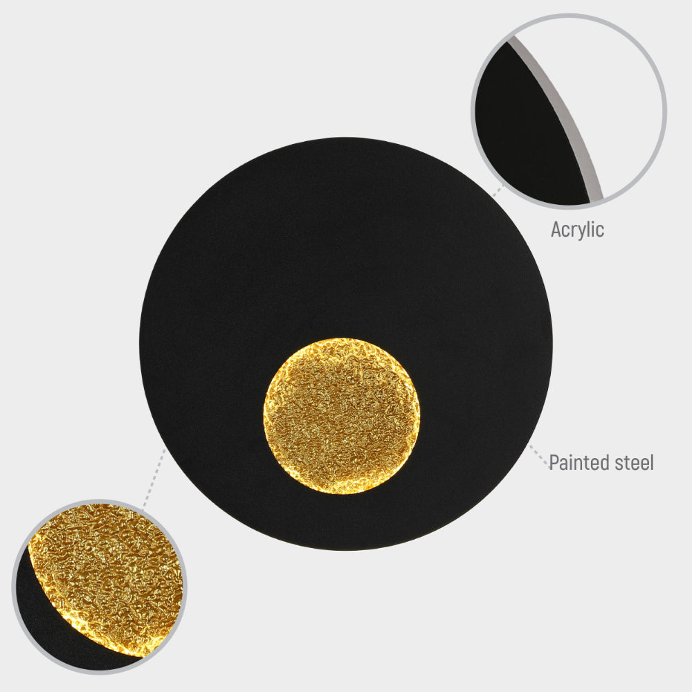 Luz de pared LED Eclipse Radiance en negro, ideal para salas con estilo moderno, ofreciendo iluminación eficaz y elegante.