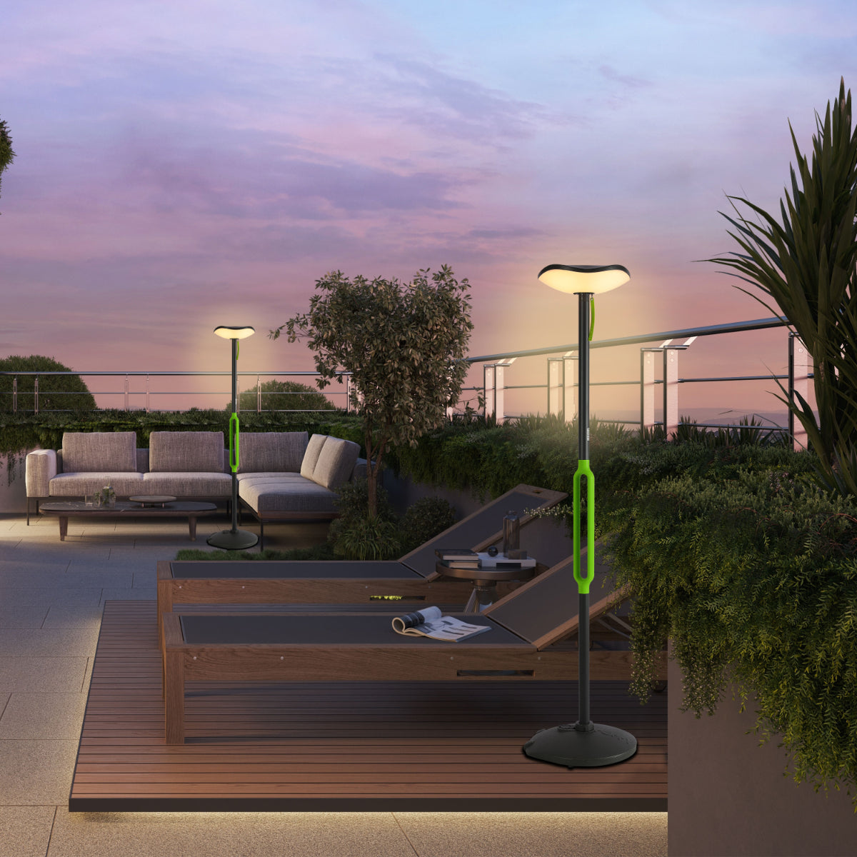 Luz solar para jardín con altavoz Bluetooth, ideal para exteriores modernos y acogedores, destaca en jardines y patios elegantes.