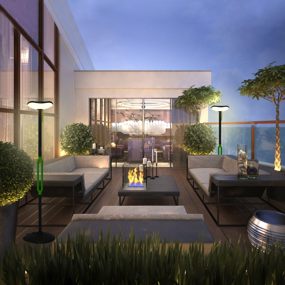 Luz solar de jardín con altavoz Bluetooth, perfecta para exteriores en decoración moderna, creando un ambiente acogedor.