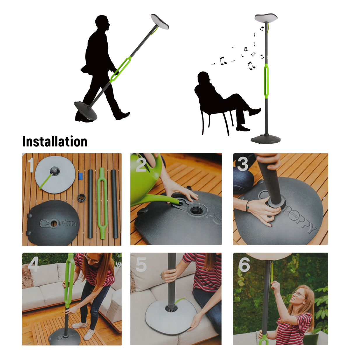 Luz de jardín LED solar con altavoz Bluetooth, ideal para exteriores en decoraciones modernas y funcionales.