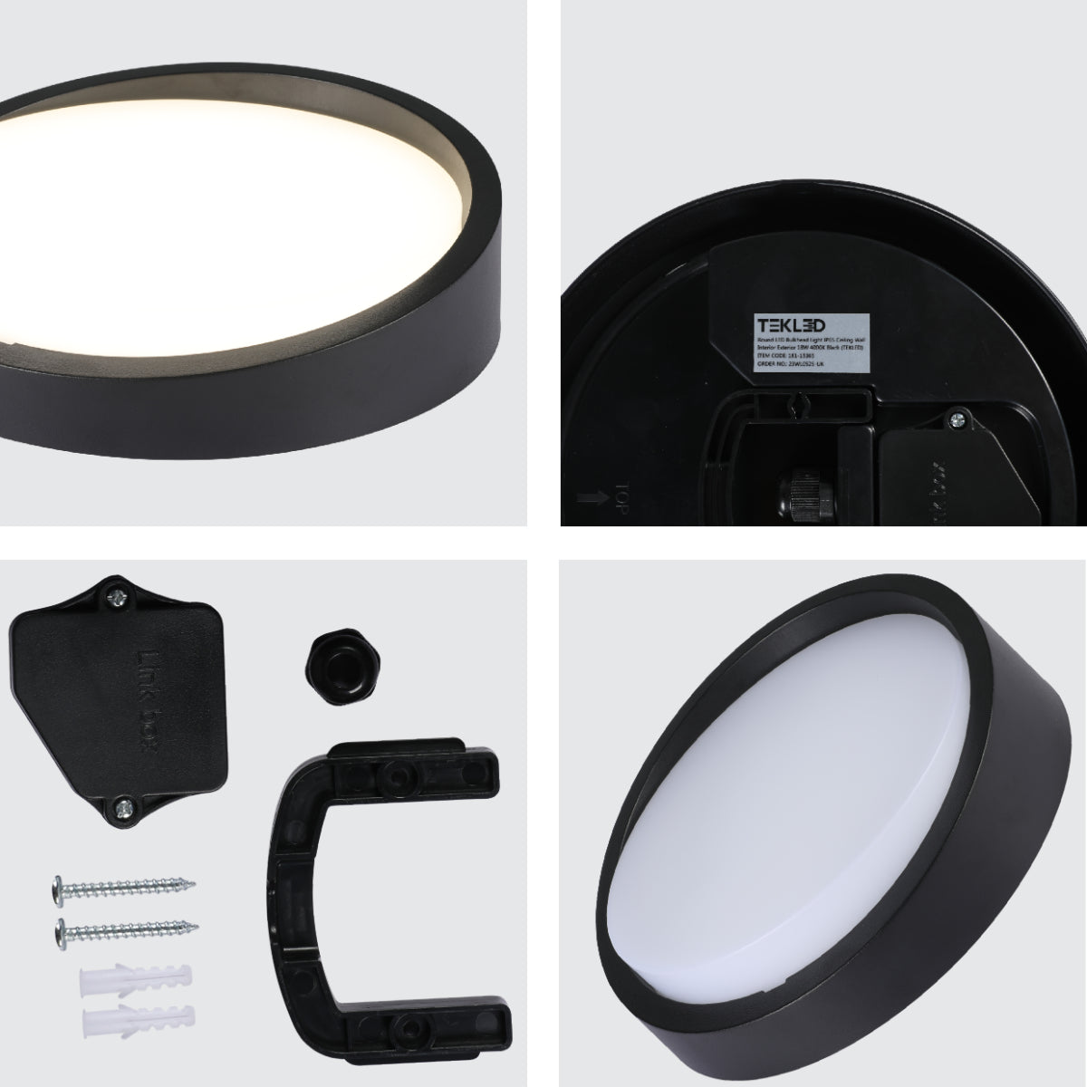 Close-up del plafón LED negro, ideal para iluminación exterior e interior en decoraciones modernas.