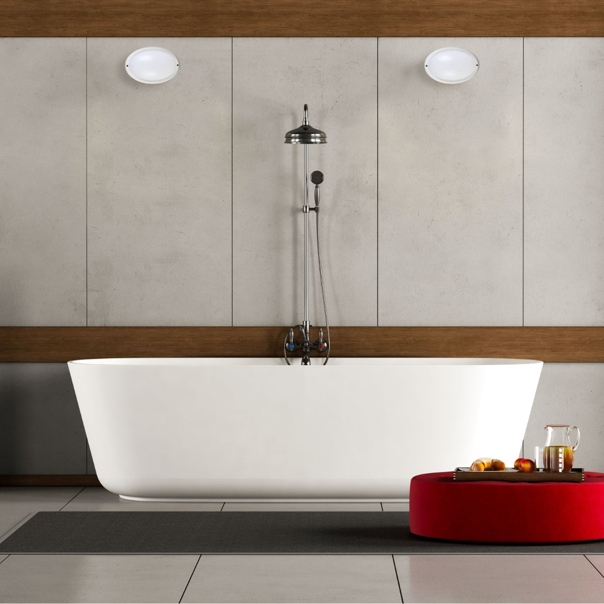 Luz de bulkhead LED IP65 instalada en un pasillo moderno, ideal para iluminación interior y exterior, combinando funcionalidad y estilo.