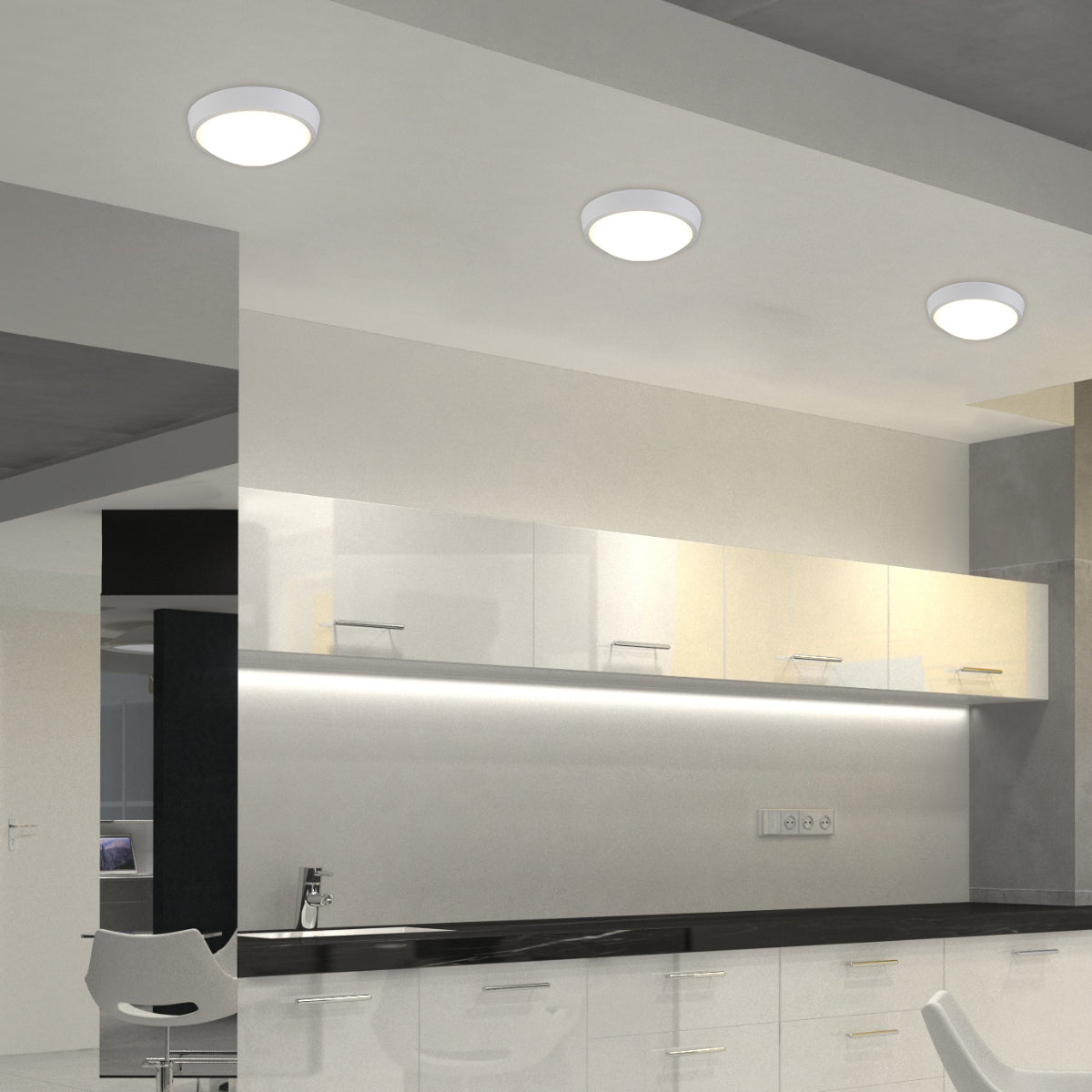 Luz de emergencia LED con diseño minimalista, ideal para pasillos interiores y exteriores con estilo contemporáneo.