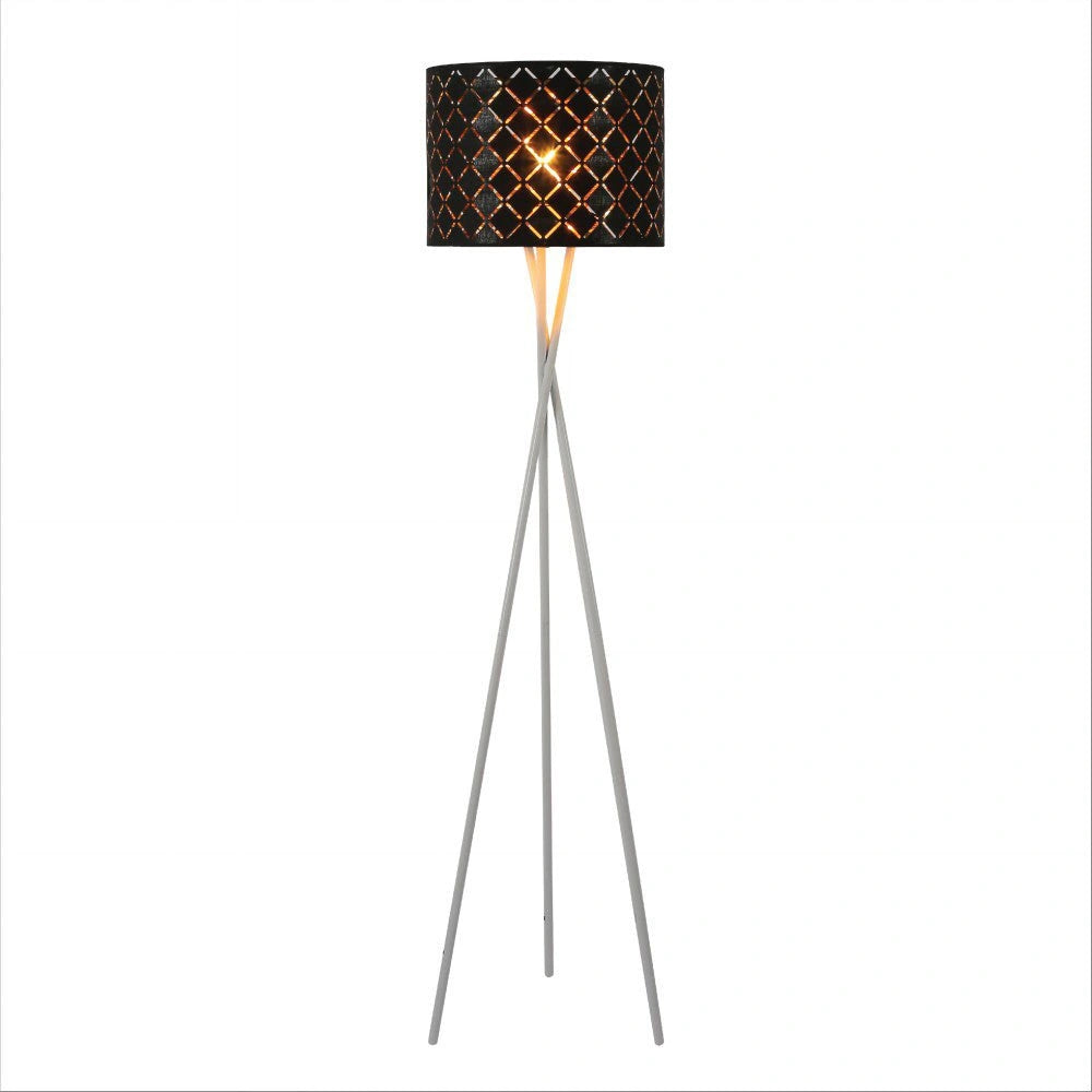 Tripod white drum floor lamp with e27 fitting in home office setting