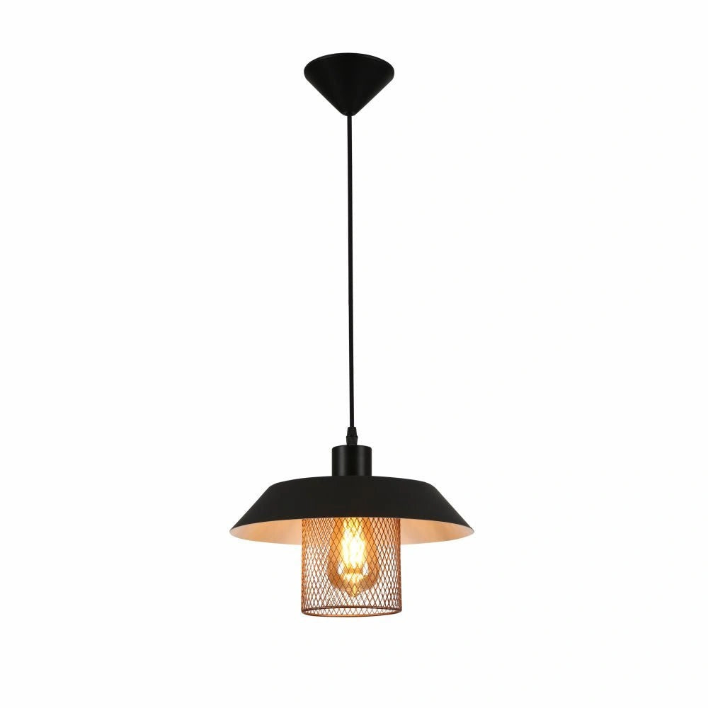 Main image of Matte Gold Caged Shade with Black Flat Top Pendat Ceiling Light D300 with E27 Fitting | TEKLED 150-18300