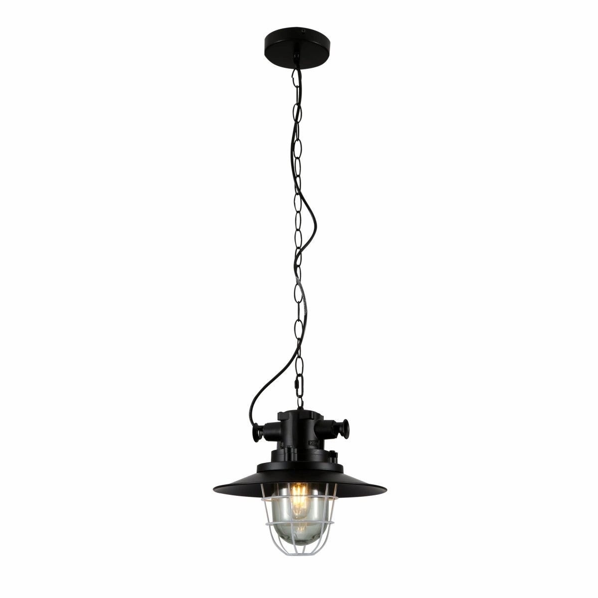 Main image of Black Nautical Industrial Caged Flat Shade Glass Metal Ceiling Pendant Light with E27 Fitting | TEKLED 150-18366