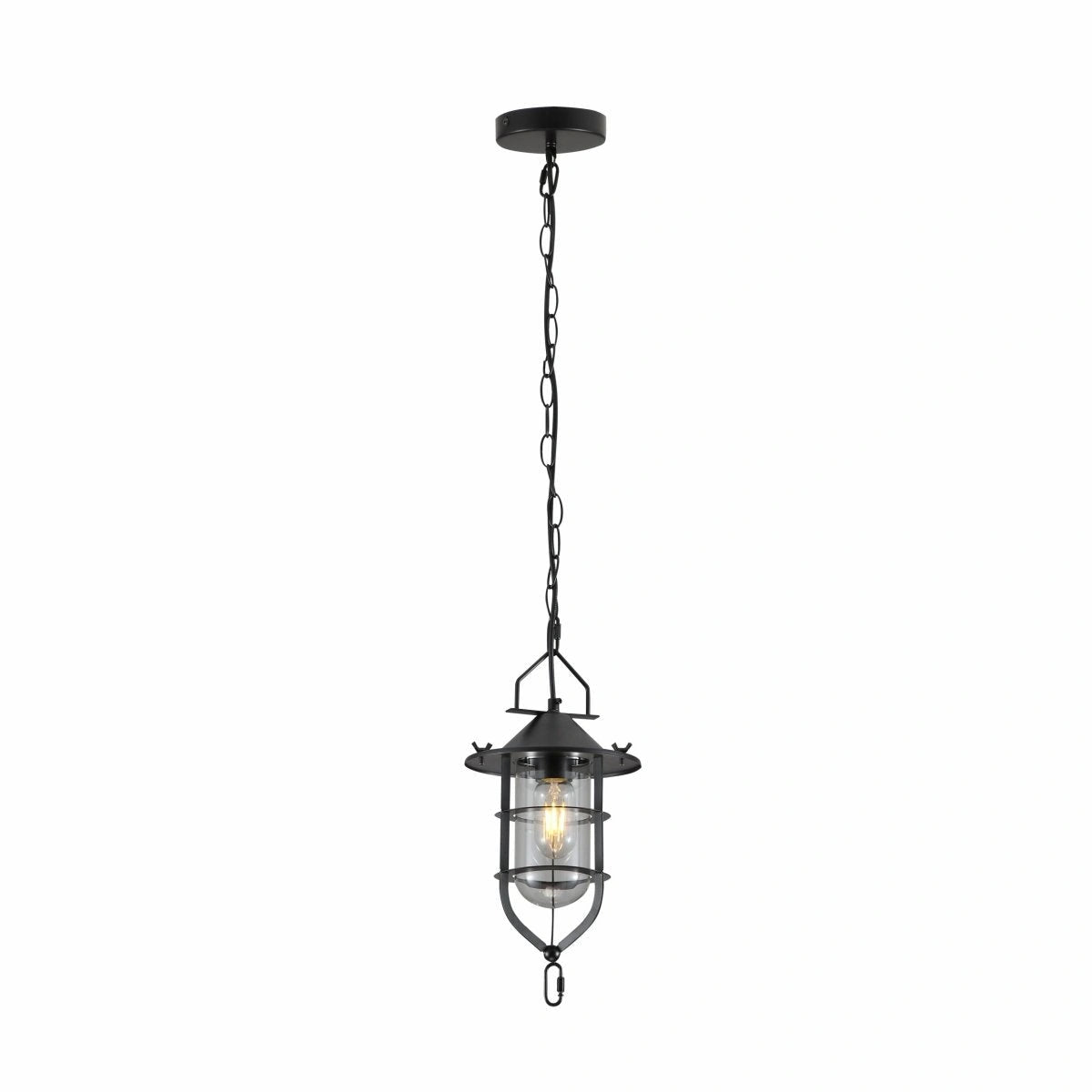 Main image of Black Nautical Industrial Caged Flat Shade Small Glass Metal Ceiling Pendant Light with E27 Fitting | TEKLED 150-18370