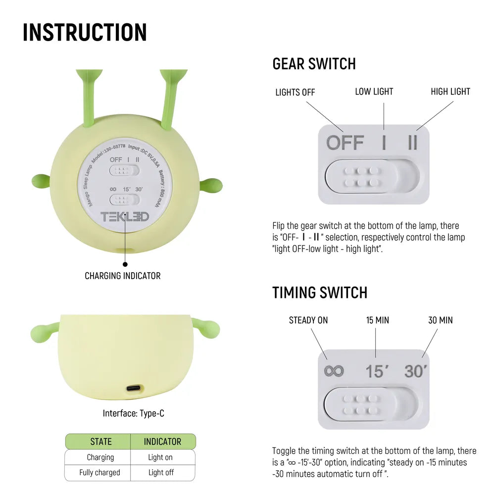 Primer plano de la Lámpara de Sueño Mango LED Recargable Luz Nocturna-130-03778