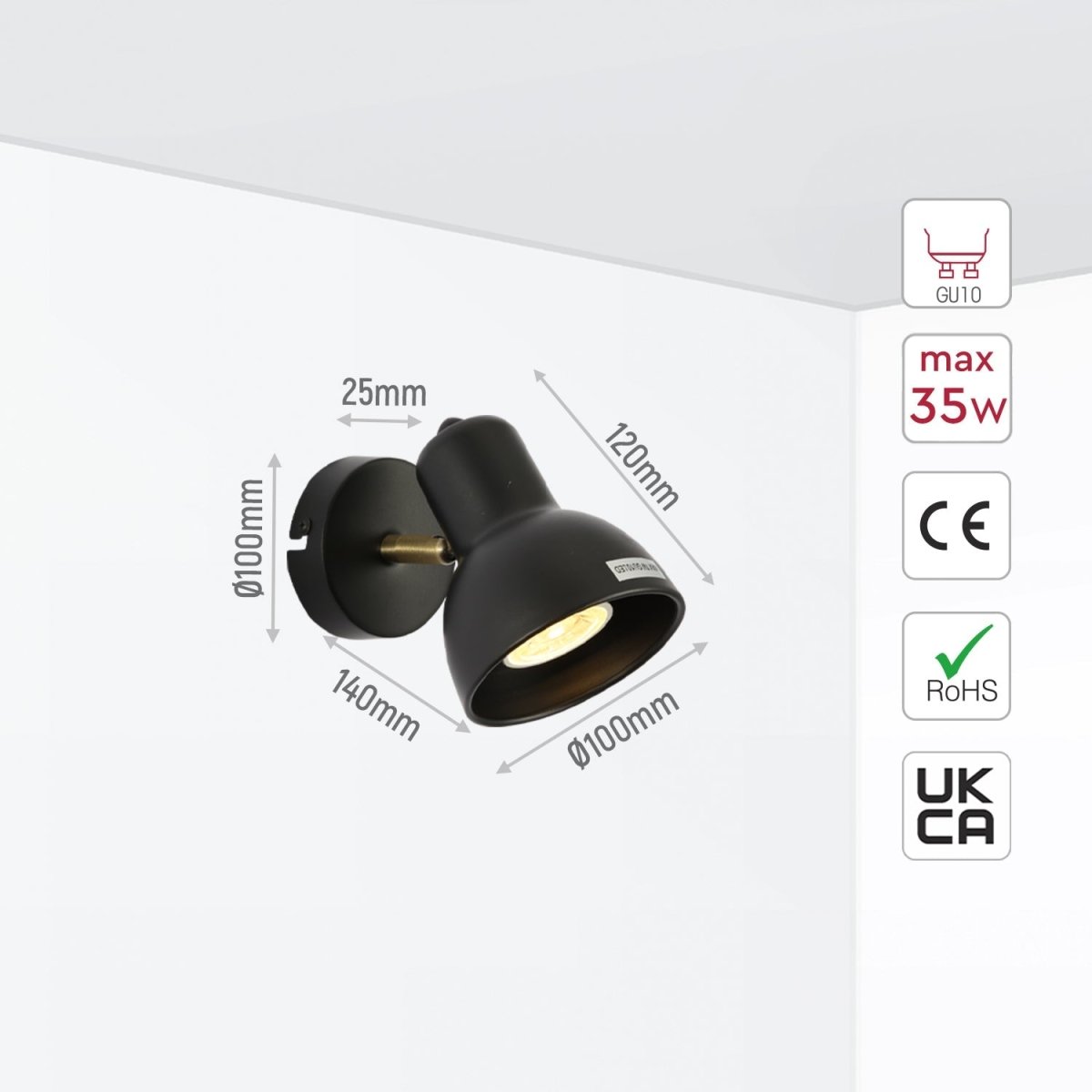 Tamaño y especificaciones del Foco Hektor de 1 Vía con Montura GU10 Latón Antiguo Negro | TEKLED 172-03126