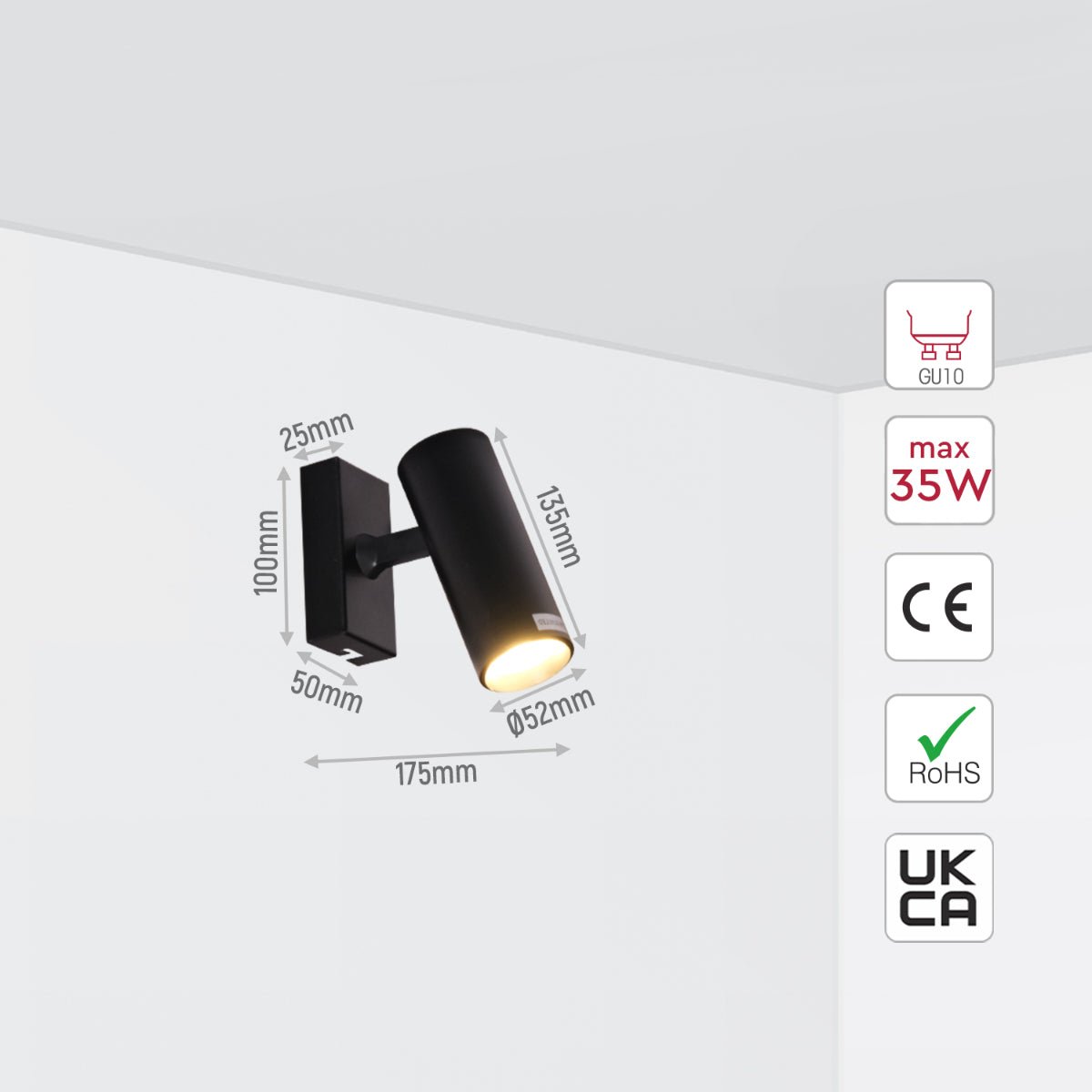 Tamaño y especificaciones del Foco de Encaje Largo Virmo de 1 Vía con Montura GU10 Negro | TEKLED 172-03088