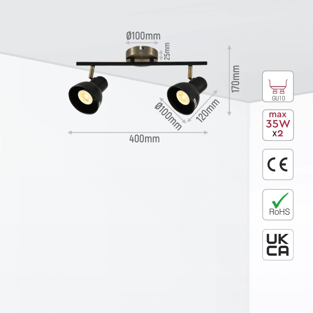 Tamaño y especificaciones del Foco de Varilla Hektor de 2 Vías con Montaje GU10 Latón Antiguo Negro | TEKLED 172-03128