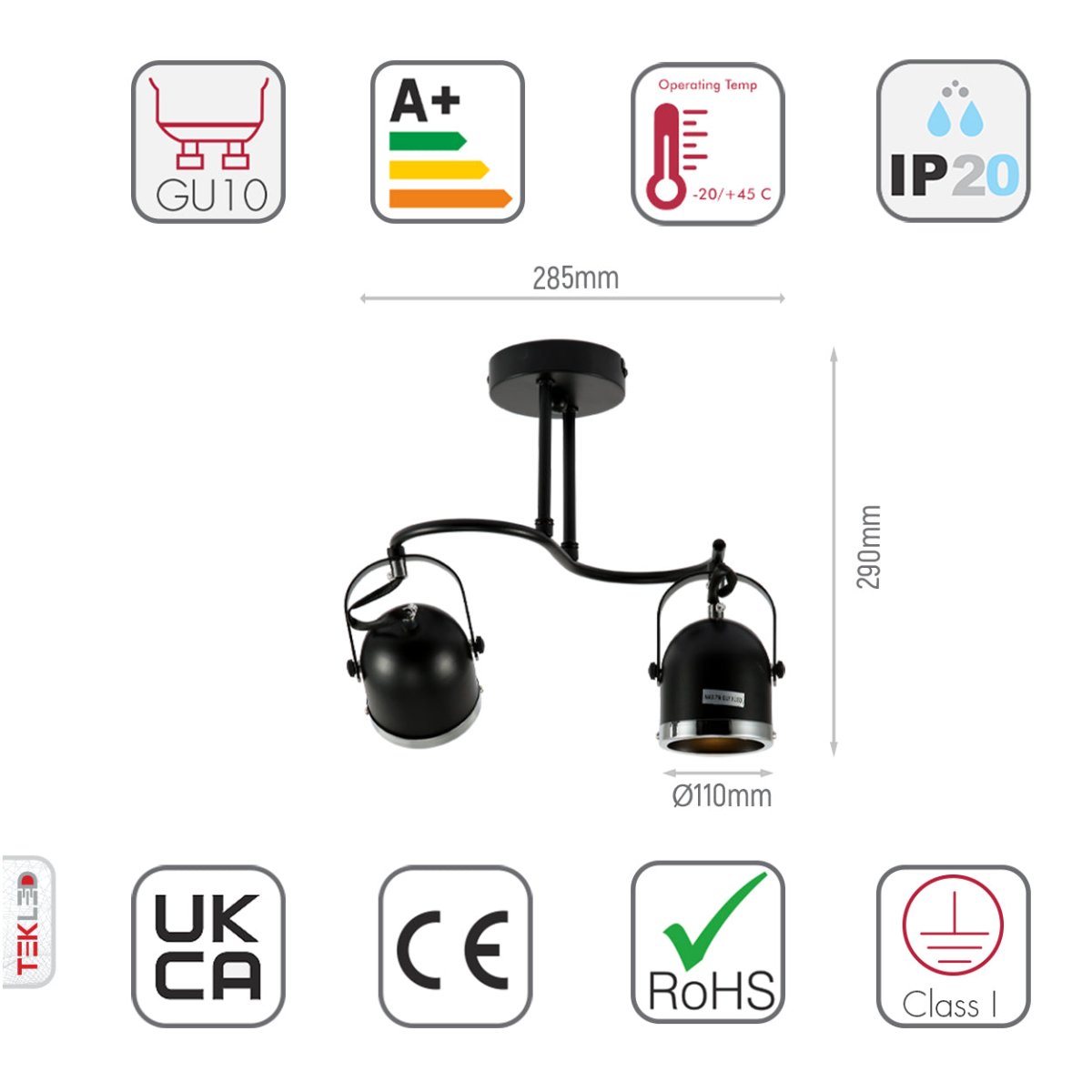 Tamaño y especificaciones del 2-way Spotlight Negro y Cromo en forma de S con casquillo GU10 | TEKLED 172-03104