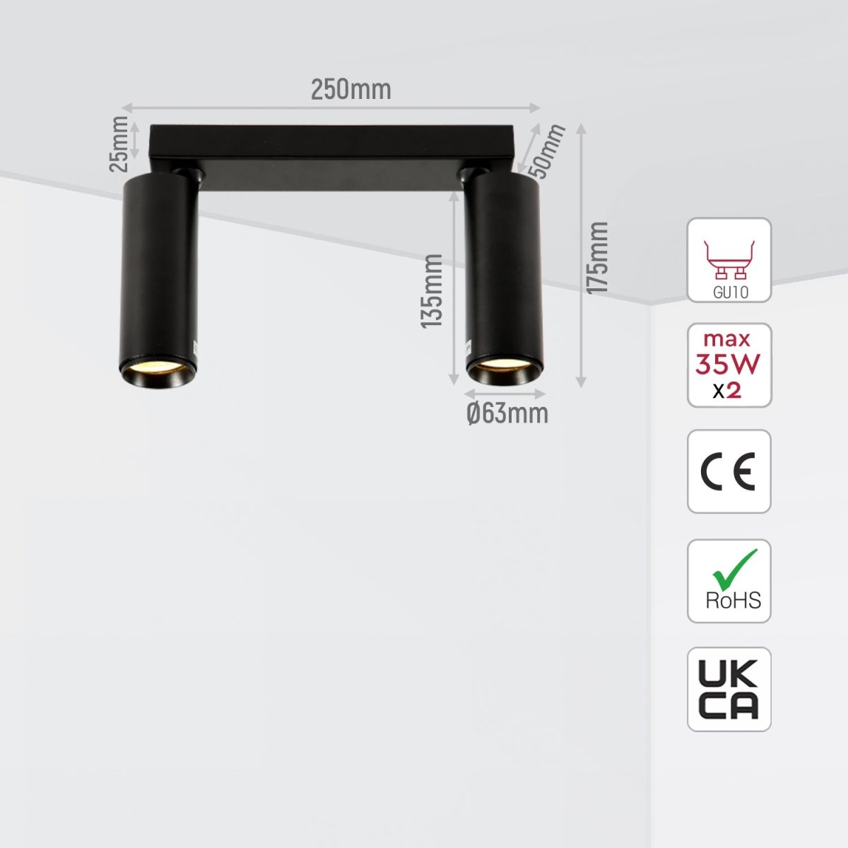 Tamaño y especificaciones de Foco de Varilla Larga de 2 Vías Virmo con Soporte GU10 Negro | TEKLED 172-03090