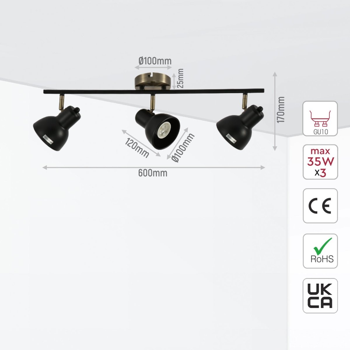 Tamaño y especificaciones del Proyector de Barra 3 Vías Hektor con Montura GU10 Latón Antiguo Negro | TEKLED 172-03130