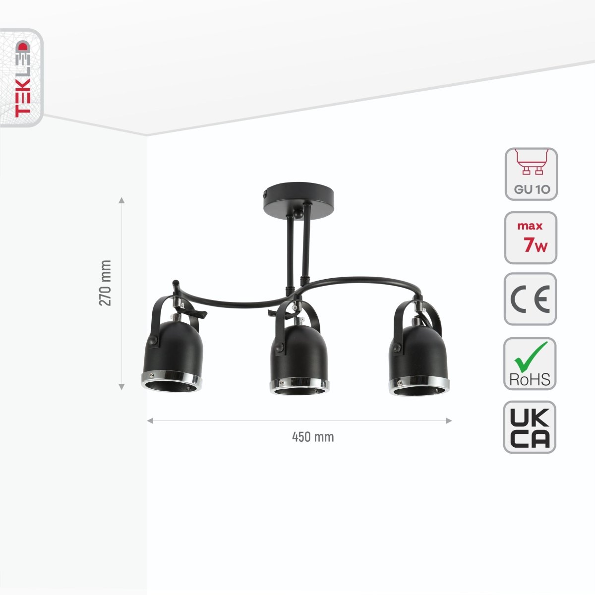Tamaño y especificaciones del Foco de 3 vías Negro y Cromo en forma de S con Portalámparas GU10 | TEKLED 172-03106