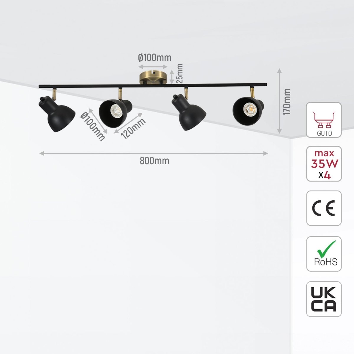 Tamaño y especificaciones del Foco de Riel Hektor de 4 Vías con Casquillo GU10 Latón Antiguo Negro | TEKLED 172-03132