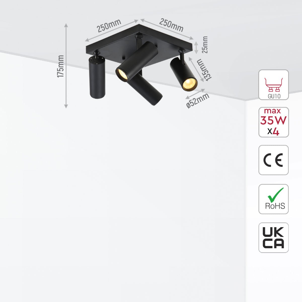 Tamaño y especificaciones del Foco de Bandeja Larga Virmo de 4 Vías con Montura GU10 Negro | TEKLED 172-03094