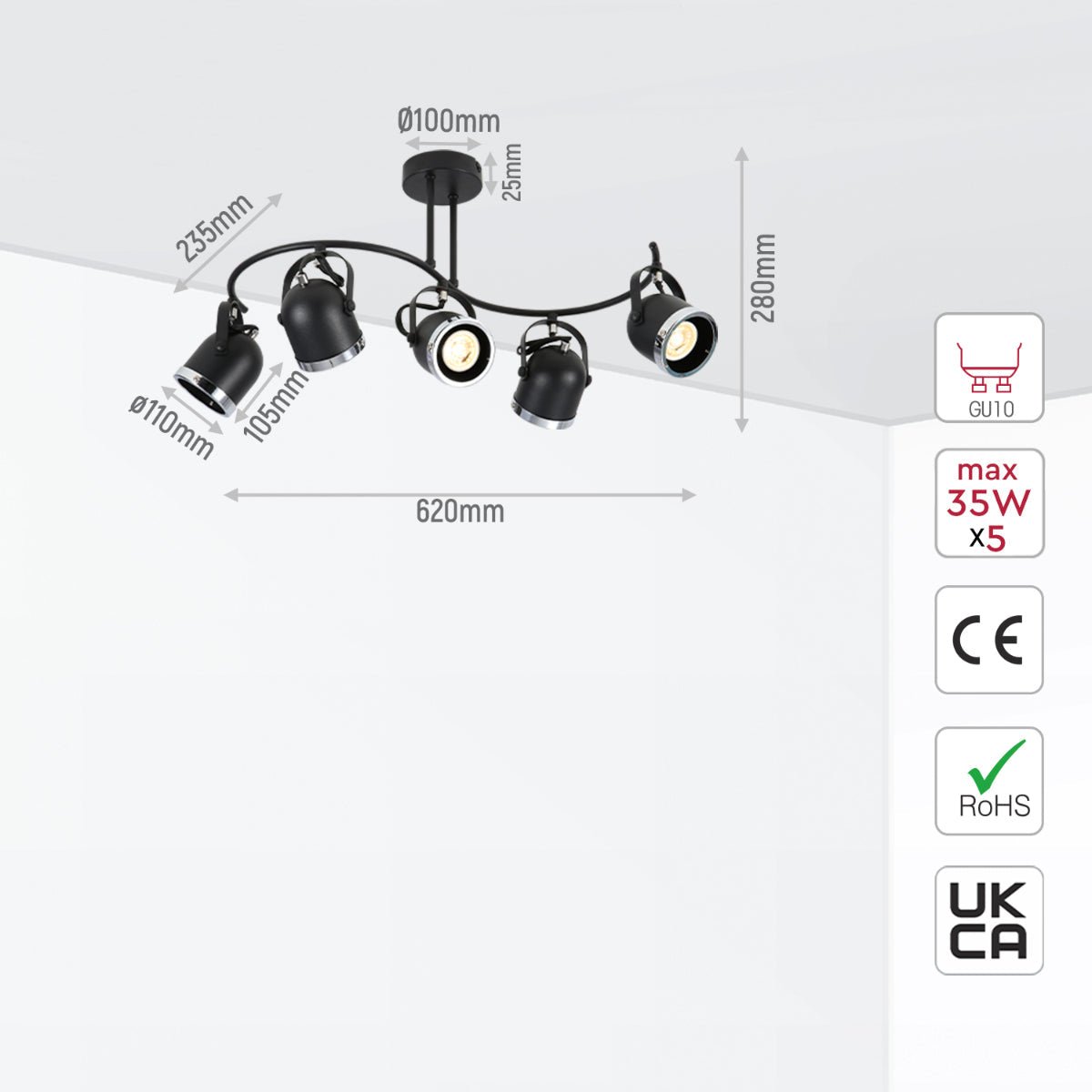 Tamaño y especificaciones del Foco 5 Vías Negro y Cromo en forma de S con Montura GU10 | TEKLED 172-03108