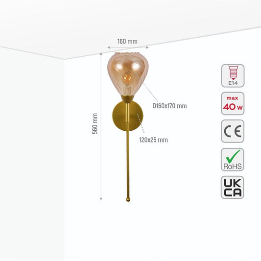 Size and specs of Amber Cone Patterned Glass Gold Metal Sconce Wall Light with E14 Fitting | TEKLED 150-18328