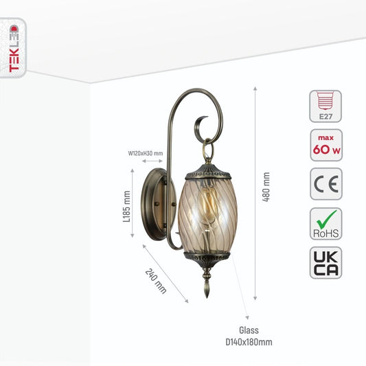 Size and specs of Amber Glass Antique Bronze Metal Body Moroccan Style Wall Lamp with E27 Fitting | TEKLED 151-19454