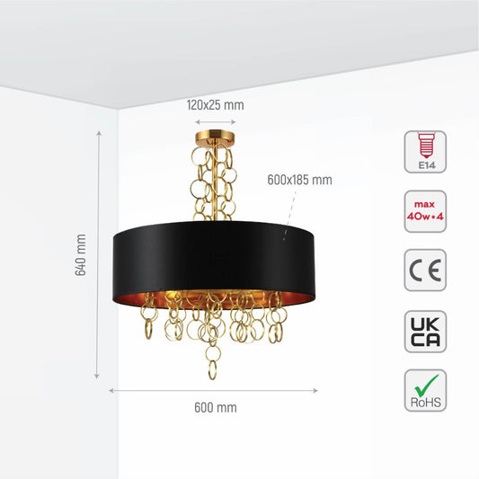 Lámpara De Techo Tipo Candelabro Con Pantalla Cilíndrica De Tela Negra Y Cobre Y Aro Dorado