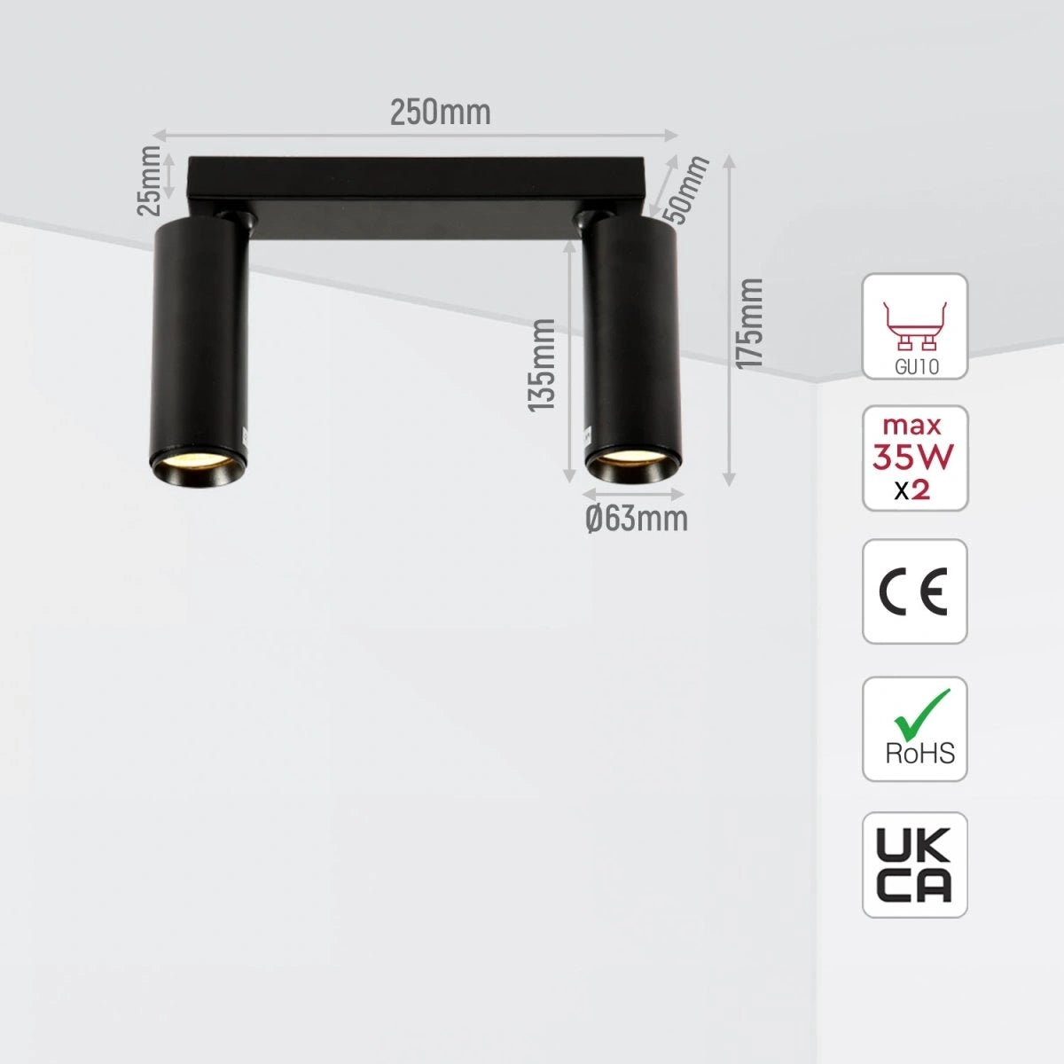 Size and specs of 2 Way Virmo Long Rod Spotlight with GU10 Fitting Black | TEKLED 172-03090