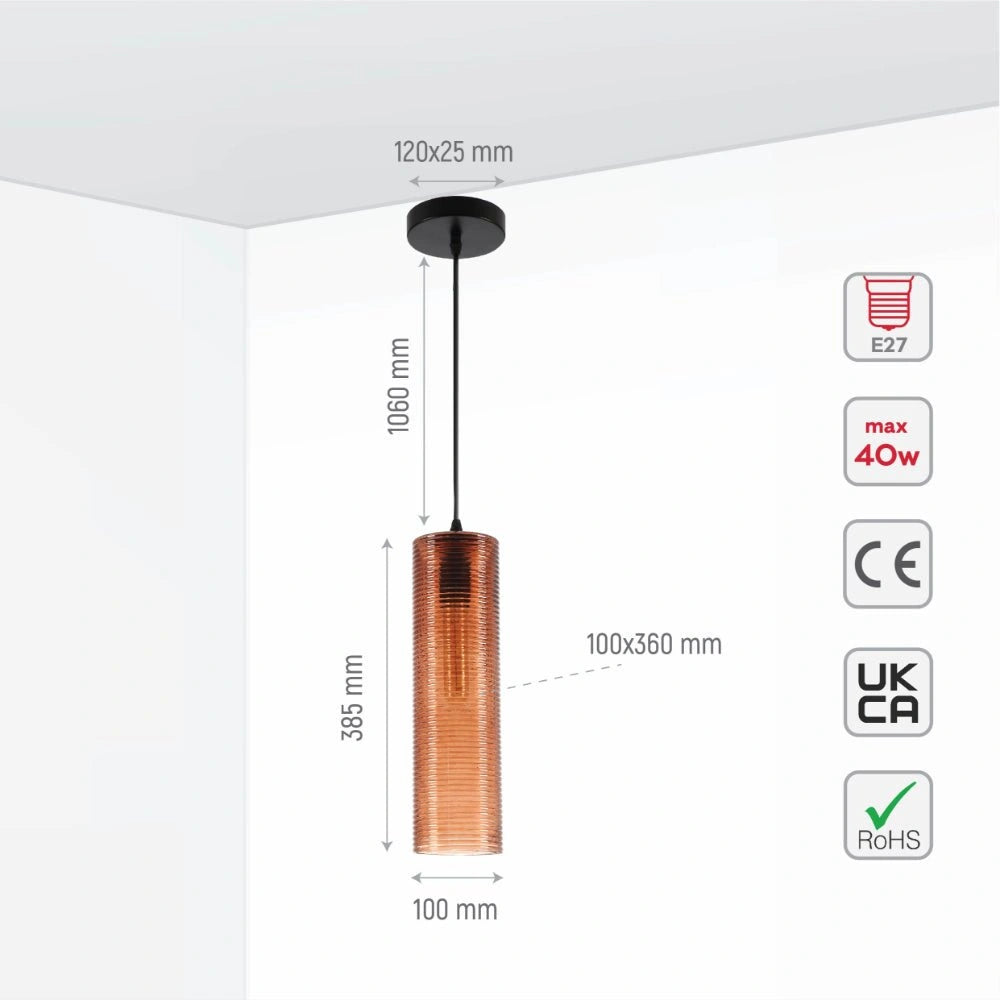 Size and specs of Brown Reeded Cylinder Glass Pendant Light with E27 Fitting | TEKLED 158-19738