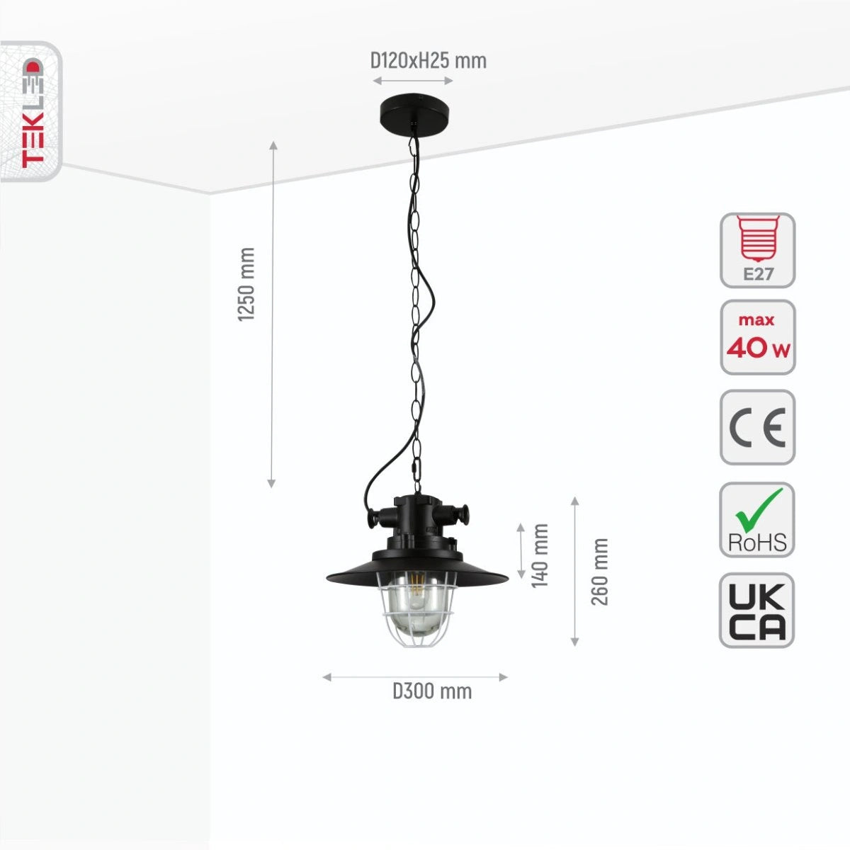 Size and specs of Black Nautical Industrial Caged Flat Shade Glass Metal Ceiling Pendant Light with E27 Fitting | TEKLED 150-18366
