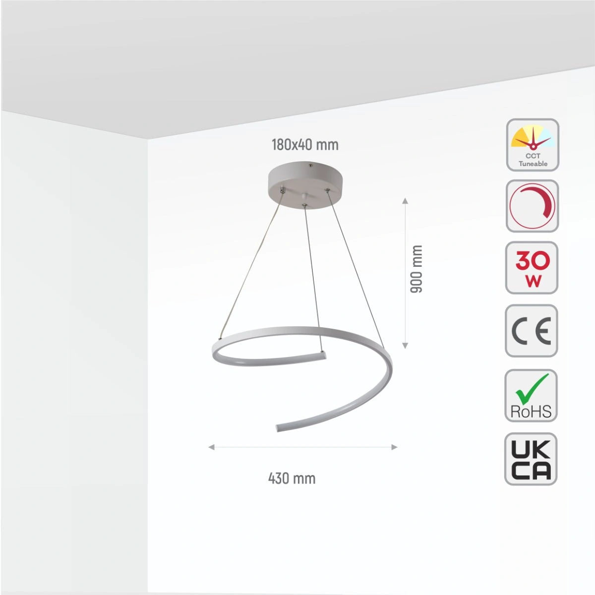 Size and specs of LED Spiral White Finishing 30W CCT Change Dimmable Contemporary Nordic Scandinavian Pendant Ceiling Light with Remote Control | TEKLED 154-17272