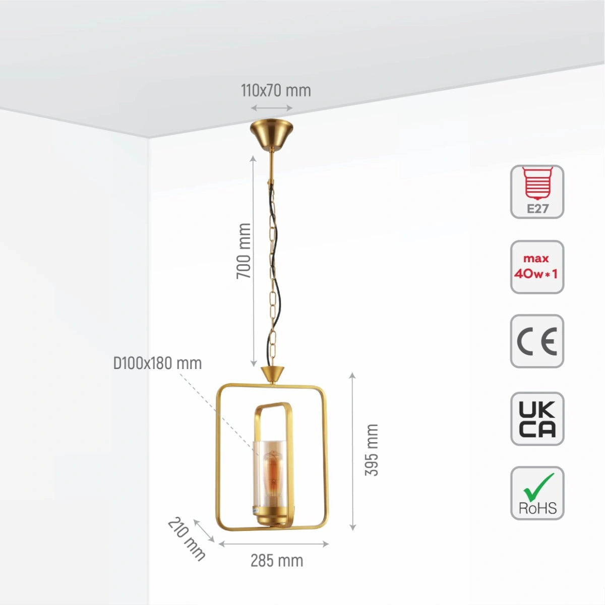 Size and specs of Gold Metal Cage Body Amber Cylinder Glass Pendant Ceiling Light with E27 Fitting | TEKLED 159-17438