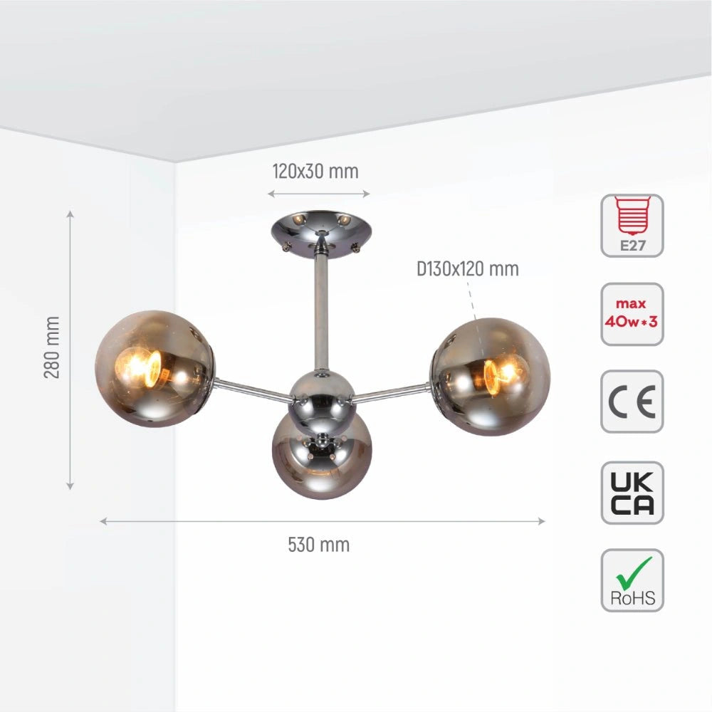 Size and specs of Smoky Globe Glass Chrome Metal Body Sputnik Molecule Modern Ceiling Light with E27 Fittings | TEKLED 159-17684