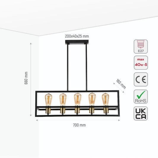 Size and specs of Black Metal Cuboid Kitchen Island Chandelier Ceiling Light with 5xE27 | TEKLED 156-19534