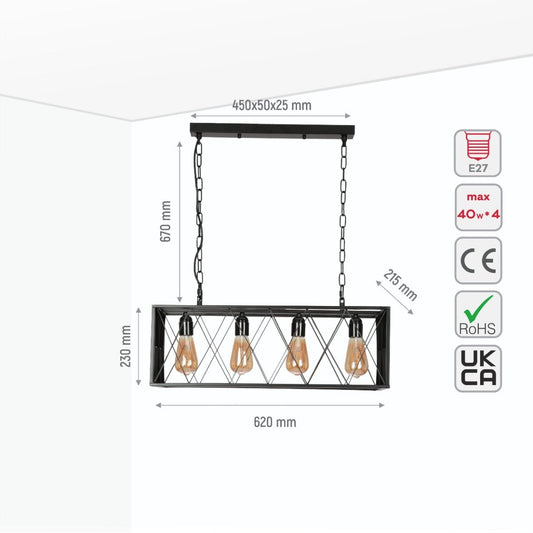 Size and specs of Black Cuboid Metal Kitchen Island Chandelier Ceiling Light with 4xE27 | TEKLED 150-18099