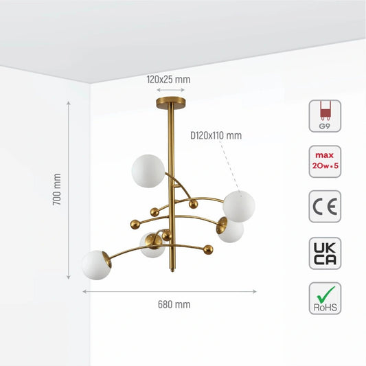 Size and specs of Mace Opal Globe Glasses Gold Metal Sputnik Chandelier Ceiling Light with 5xG9 Fittings | TEKLED 158-19712
